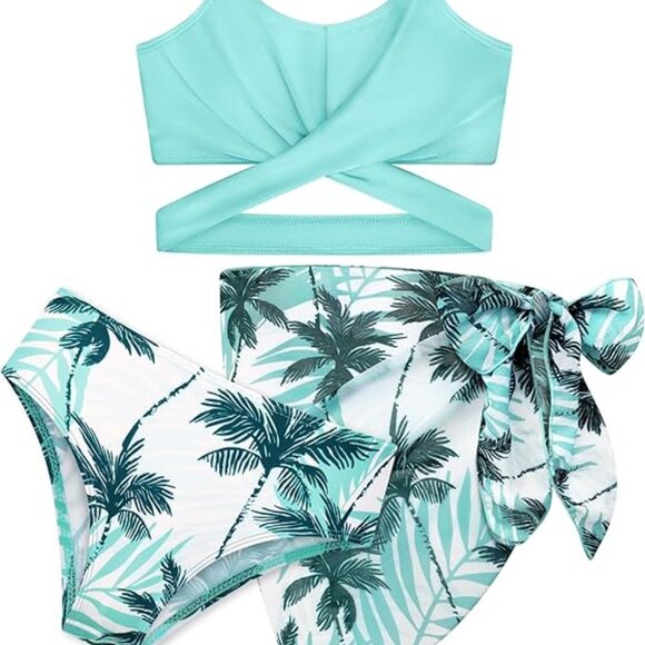 Light Blue Palm Tree 3 Piece Kid's Bikini - Picture 1 of 4
